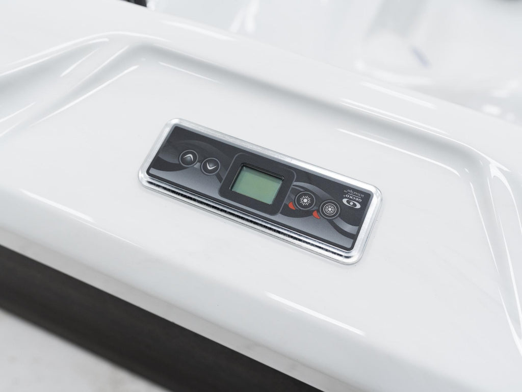 Modern outdoor hot tub with LED lighting and Bluetooth sound system