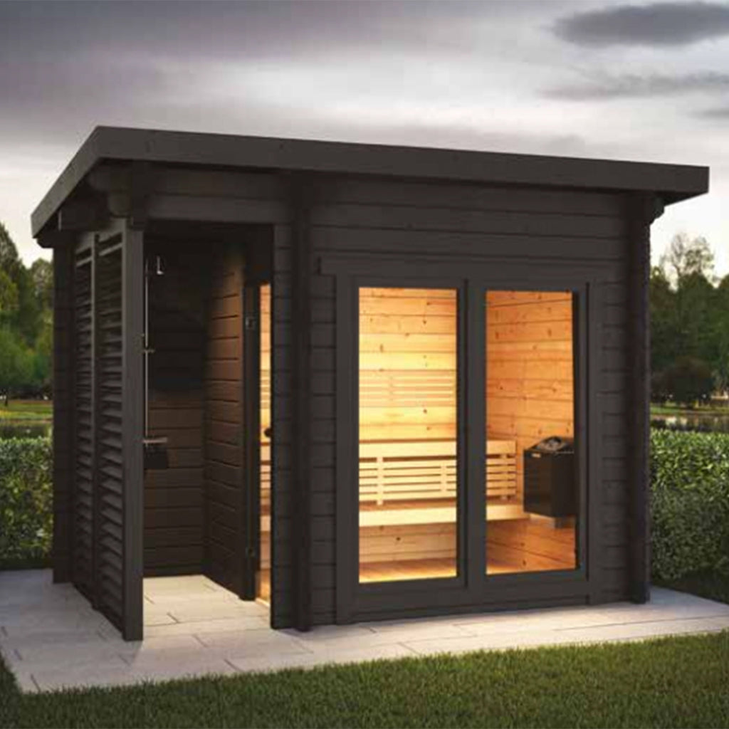 Luxury home sauna by KC ISLA with Nordic spruce construction and full glass door.