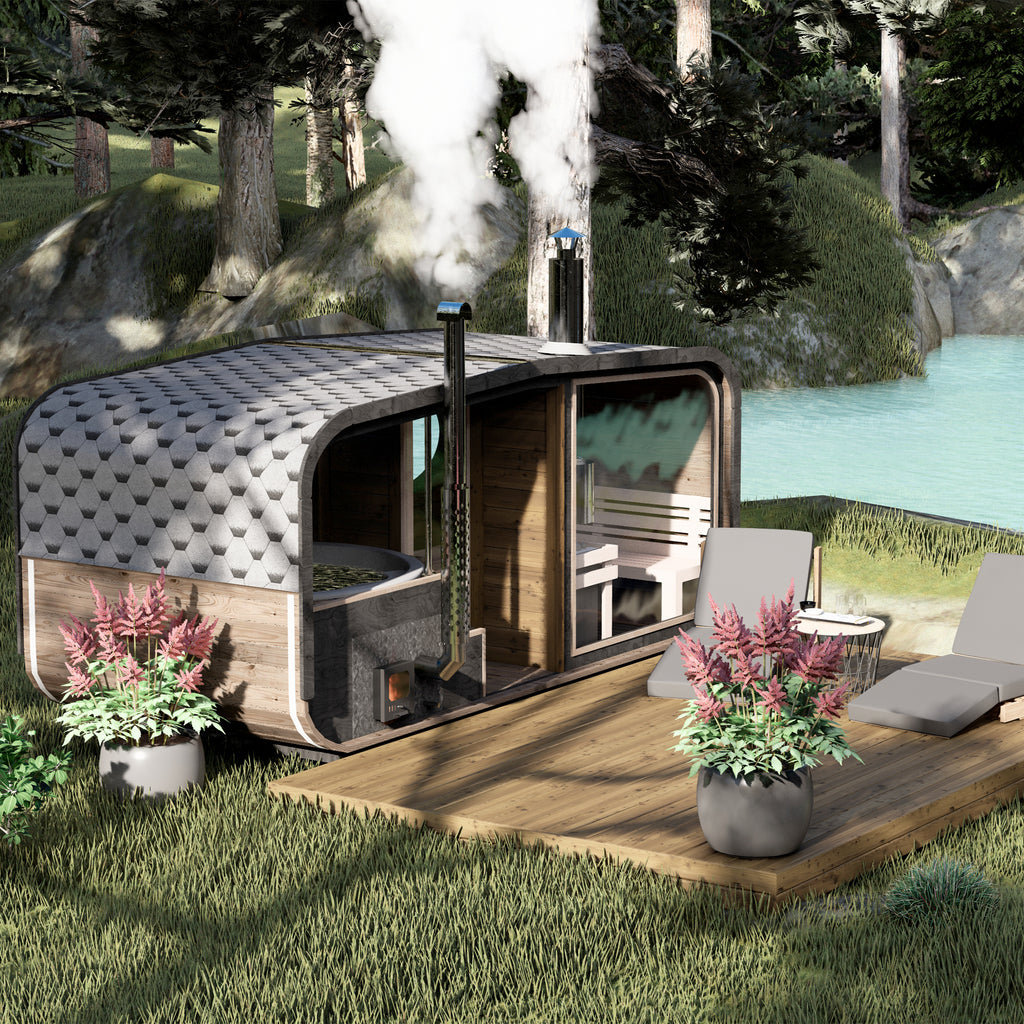 KC NEST outdoor spa pod with Thermowood cladding and circular hot tub
