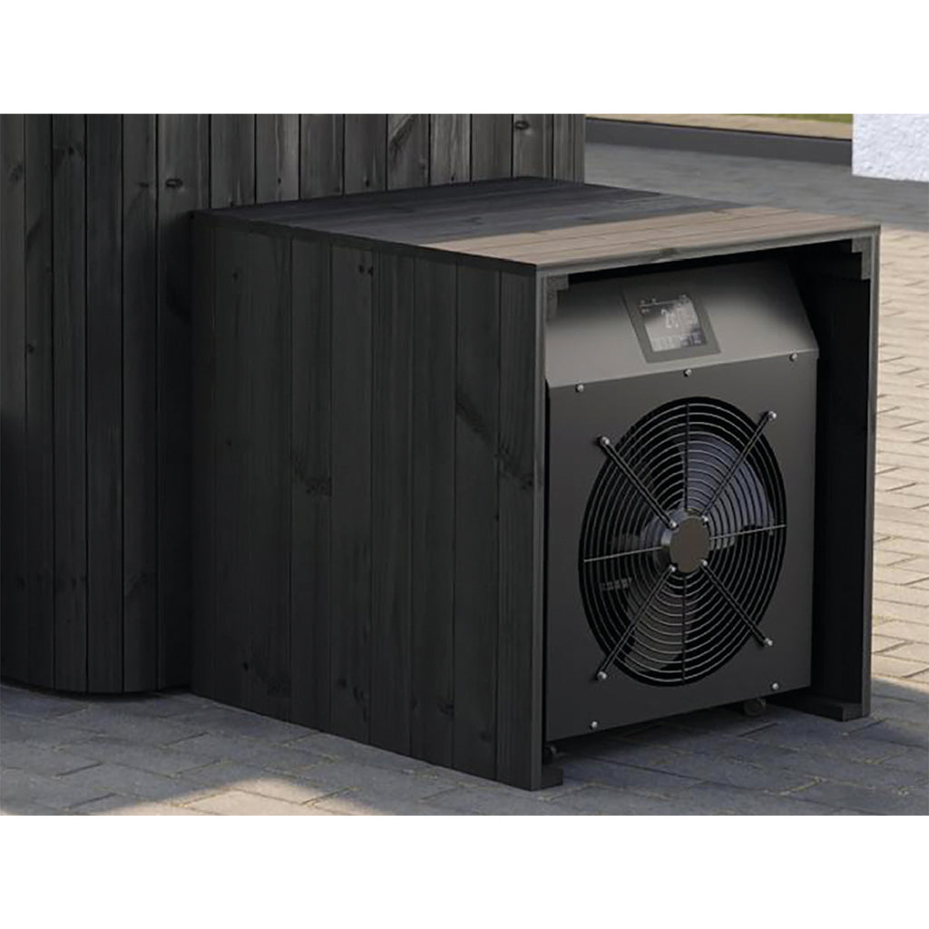Black outdoor Ofuro Pro Chiller Filter 
 unit with wooden top on garden patio