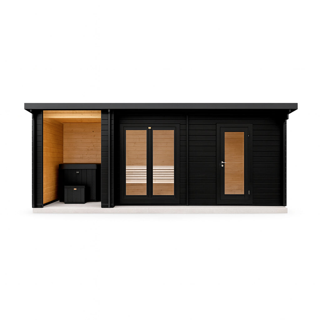 Front elevation of the KeiCo Performance Spa Suite on pure white—canopy, glazed doors and Ebony External Wood Treatment. 