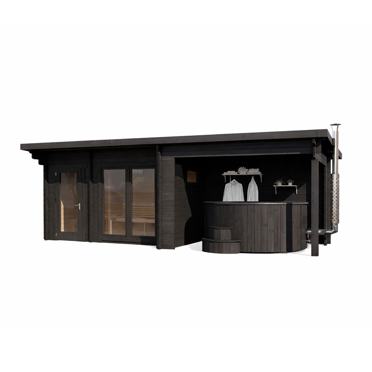Luxury outdoor sauna and hot tub shelter with integrated changing area, modern garden spa design by KeiCo