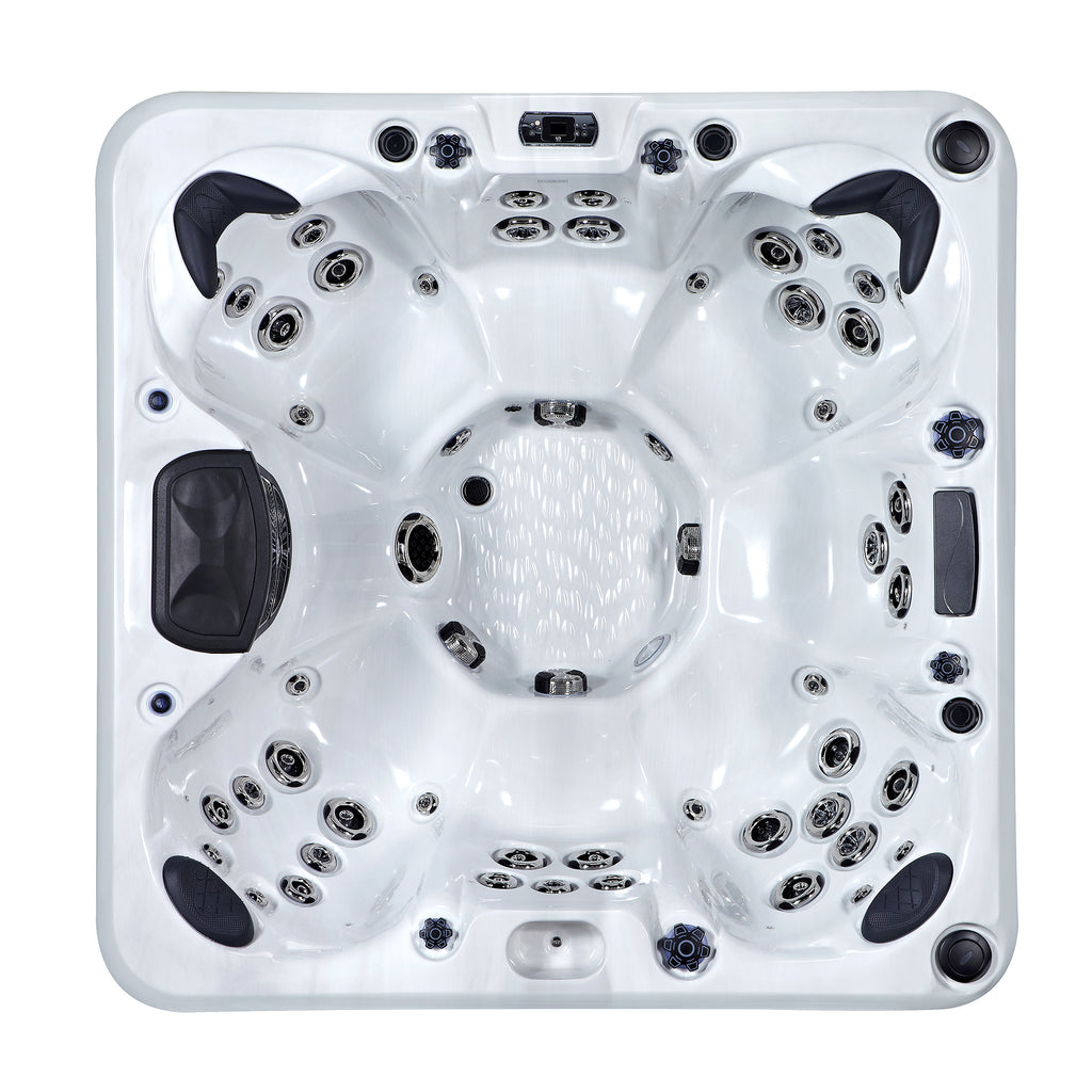 Aerial view of KC-2 Solace Spa Plus, highlighting spacious 7-person capacity and 60 therapeutic jets in Sterling Silver.