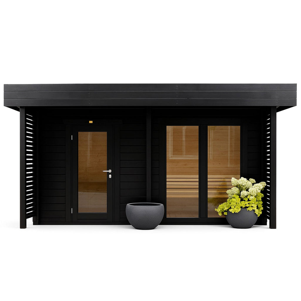 Modern outdoor Sauna cabin with black exterior and wooden interior, featuring a Cold Plunge top the left room & Sauna to the right. . 
