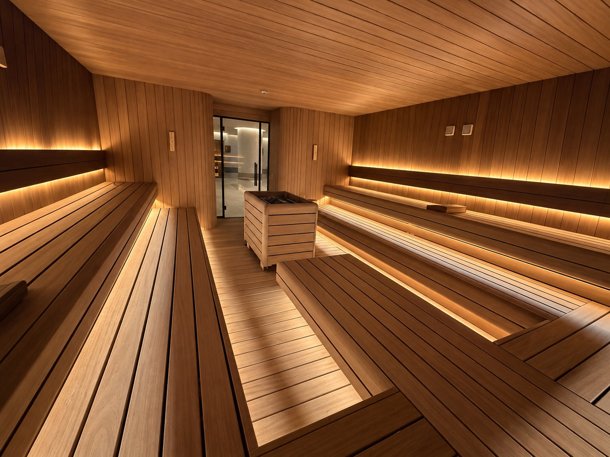 Spacious timber sauna interior with tiered benches, warm concealed lighting and a central heater enclosure.