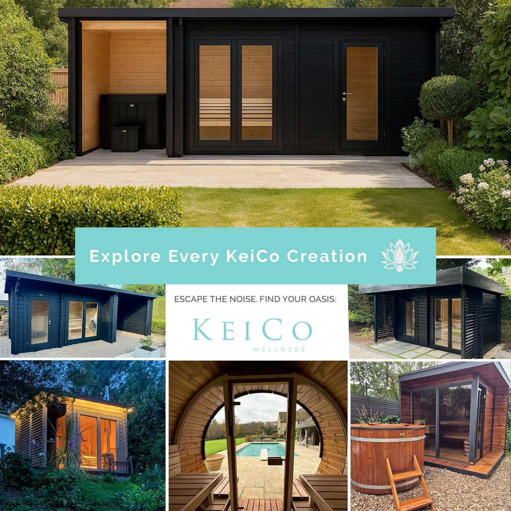 Collage of various outdoor wellness building installations with KeiCo branding.