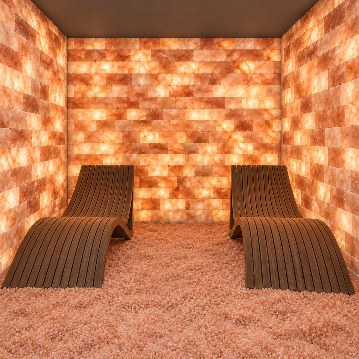 A wellness room with two curved wooden lounge chairs placed on a bed of pink salt stones, with a back wall made of glowing pink salt blocks.