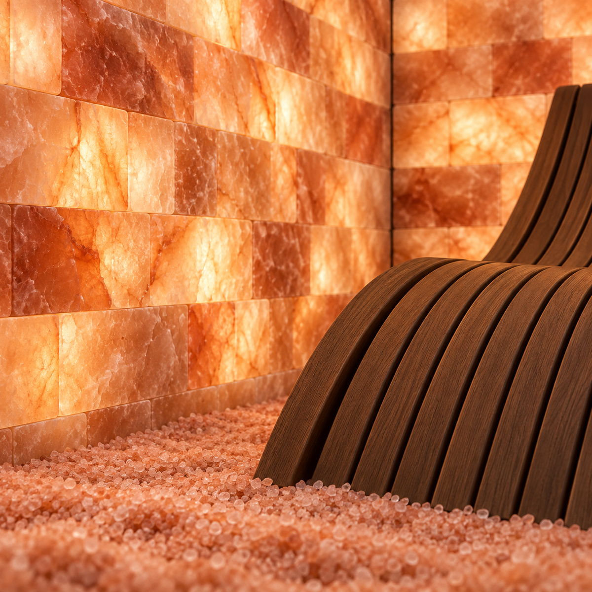 A close-up of a modern curved wooden lounge chair positioned in a sauna-like room with glowing orange-brown salt stone walls and salt crystals on the floor.