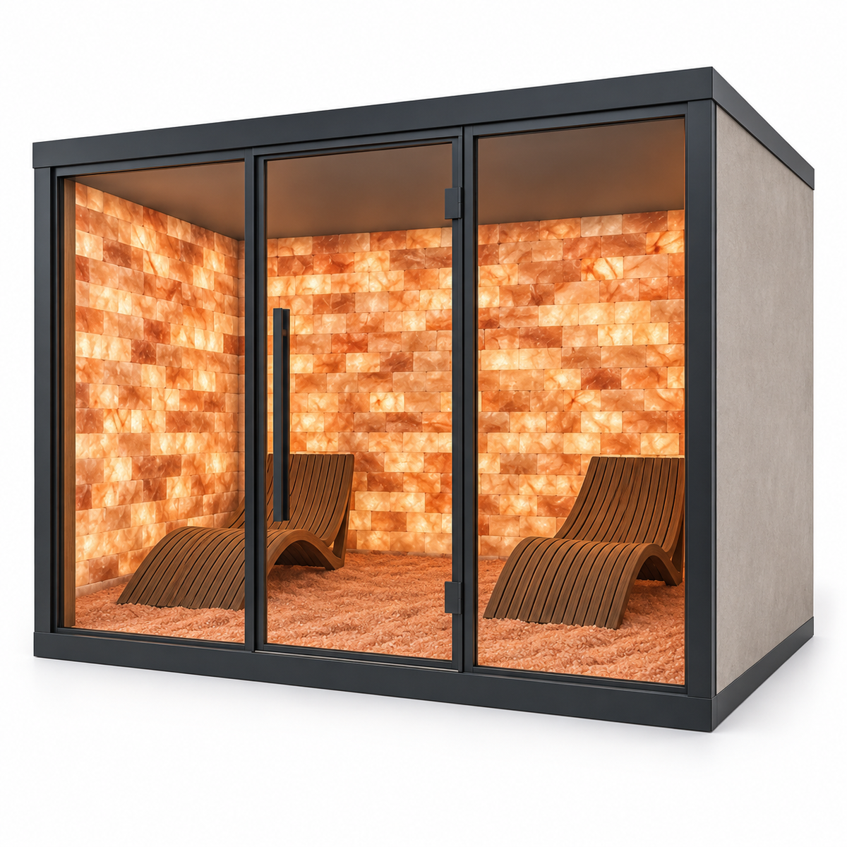 A modern salt sauna cabin with a black metal frame, glass sliding doors, and a warm orange-brown salt wall and carpet, featuring two curved wooden lounge chairs inside.