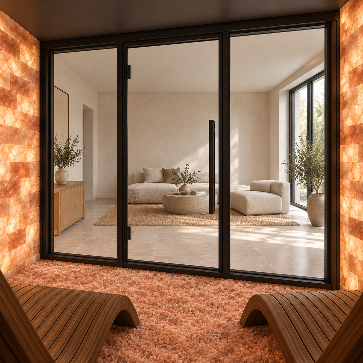 Modern black-framed sliding glass doors opening onto a sunlit living room, with warm orange salt-look walls and wooden lounge chairs in the foreground.