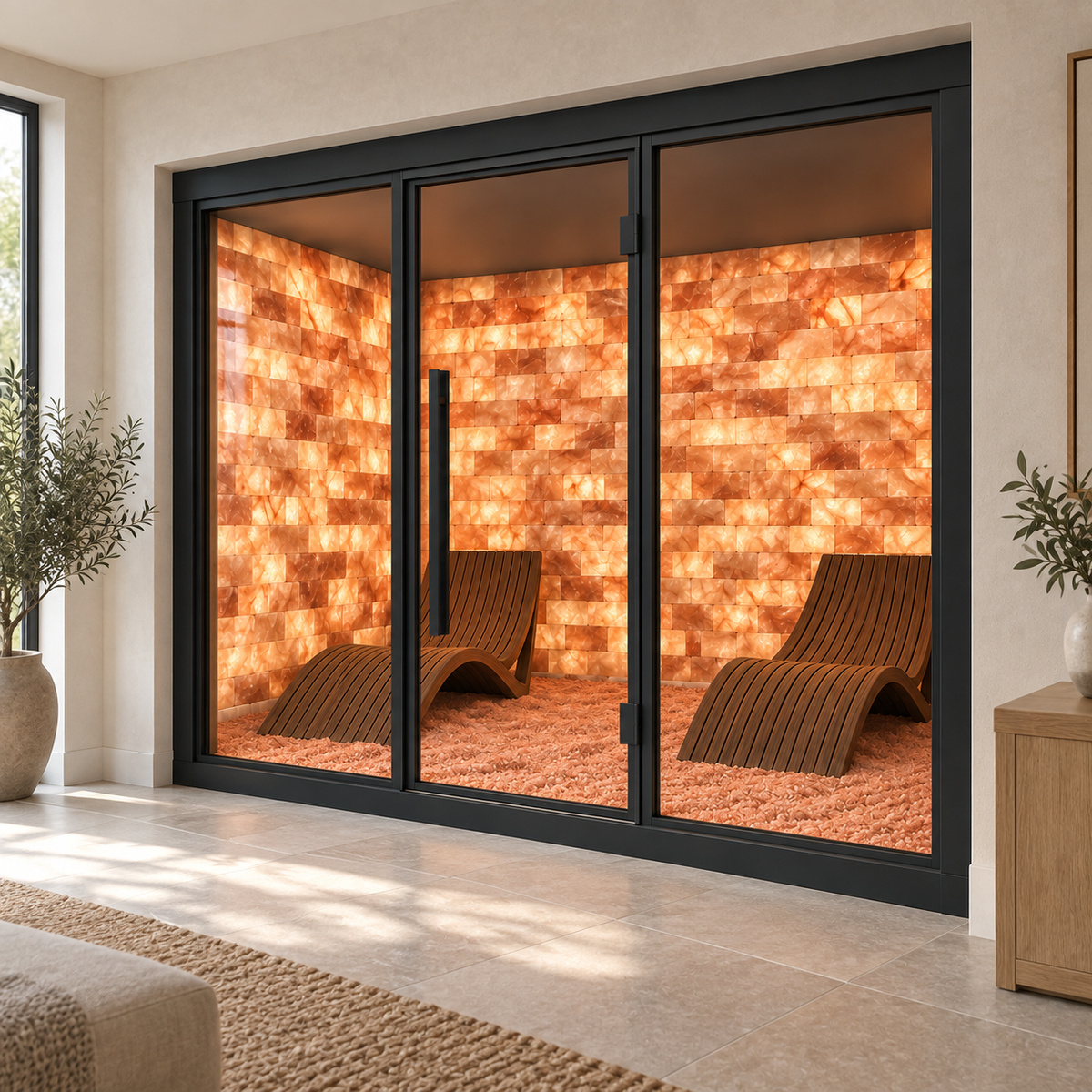 A modern glass sliding door enclosure with a black frame surrounding a warm, glowing salt-stone wellness room with two wooden lounge chairs and a shag rug. The scene is set in a bright, contemporary living space with a tiled floor and potted plants.
