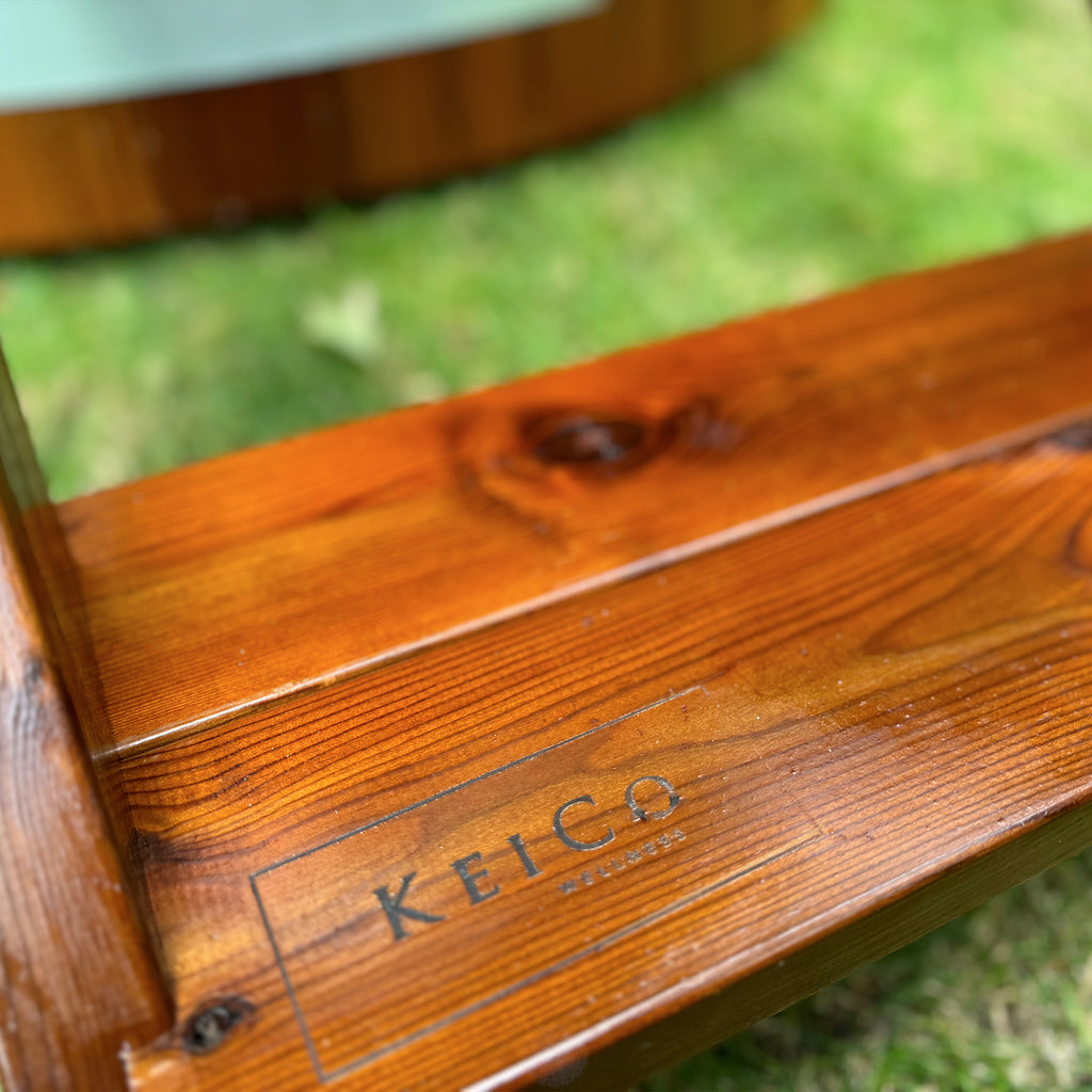 KeiCo XL Ice Bath Steps tastefully branded with KeiCo Wellness Logo Hot Stamp. 