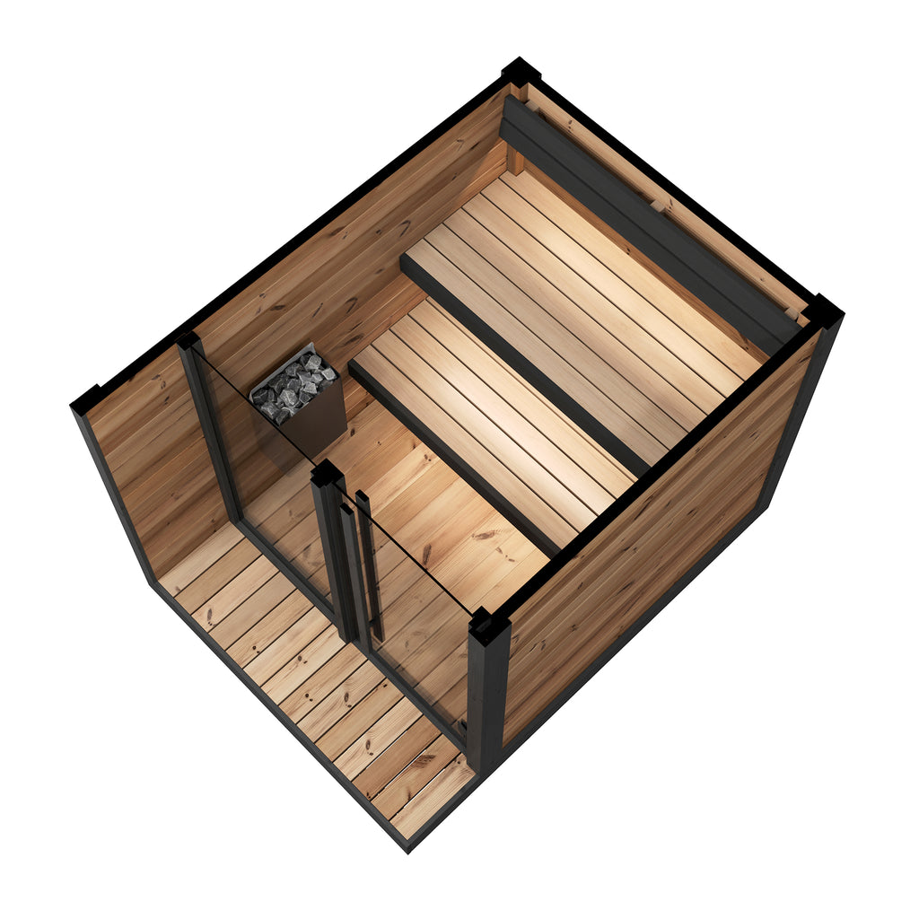 Interior Two-Tier Thermo-Aspen Bench Setup in Kiki Core Sauna