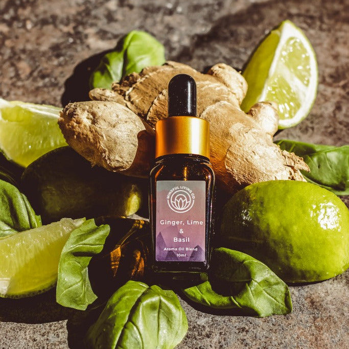 Ginger Lime & Basil scent oil with herbs and candlelit burner – energising and earthy.