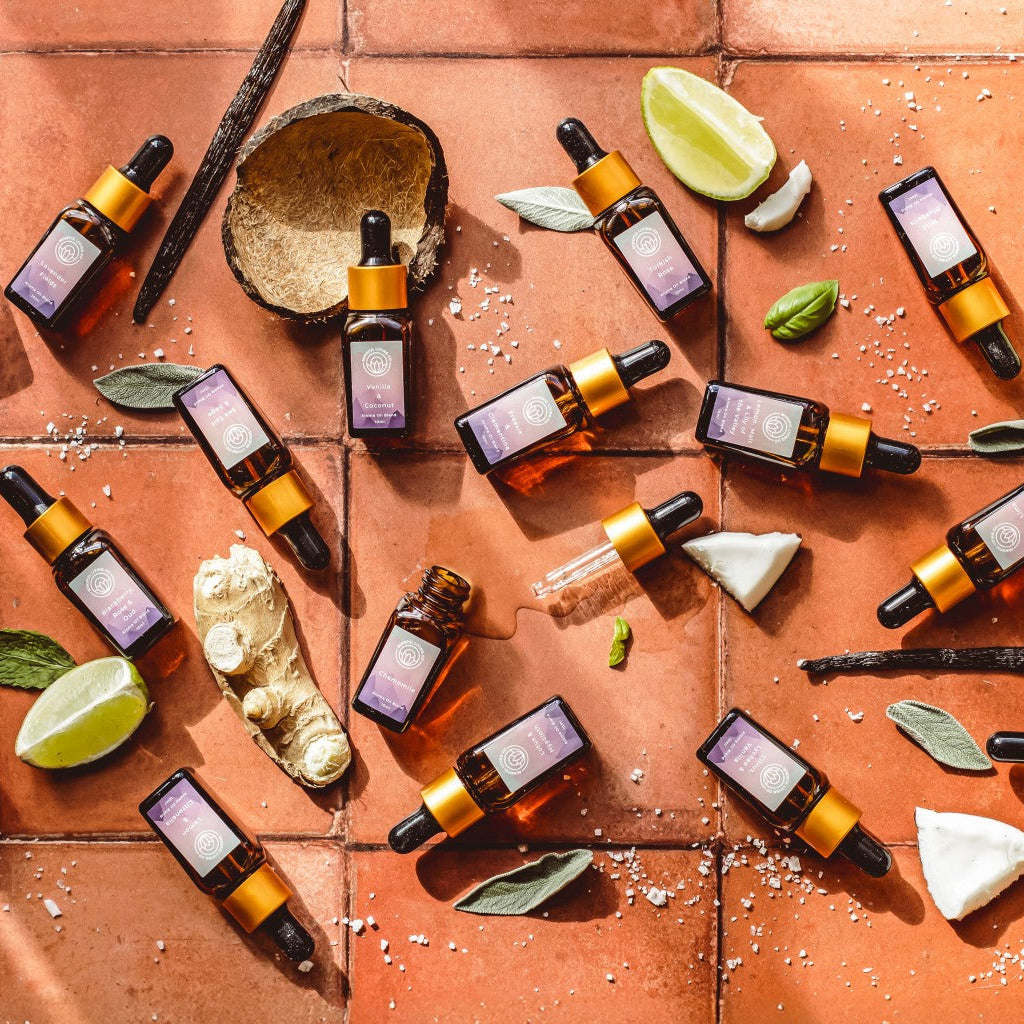 Flat lay full Collection of Aromatherapy Fragrance Oils