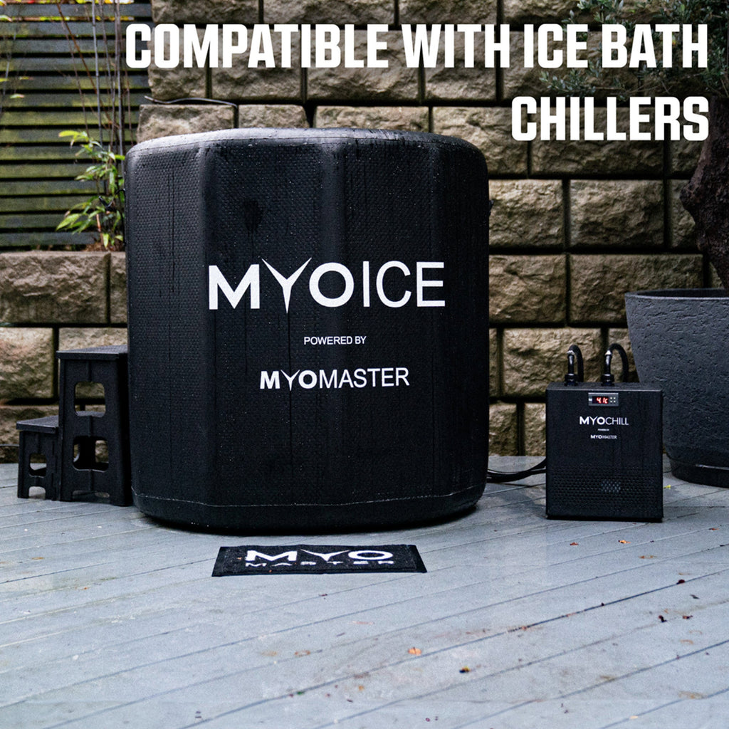 Person enjoying the therapeutic cold immersion in the MyoMaster Elite Fibreglass Ice Bath Barrel.