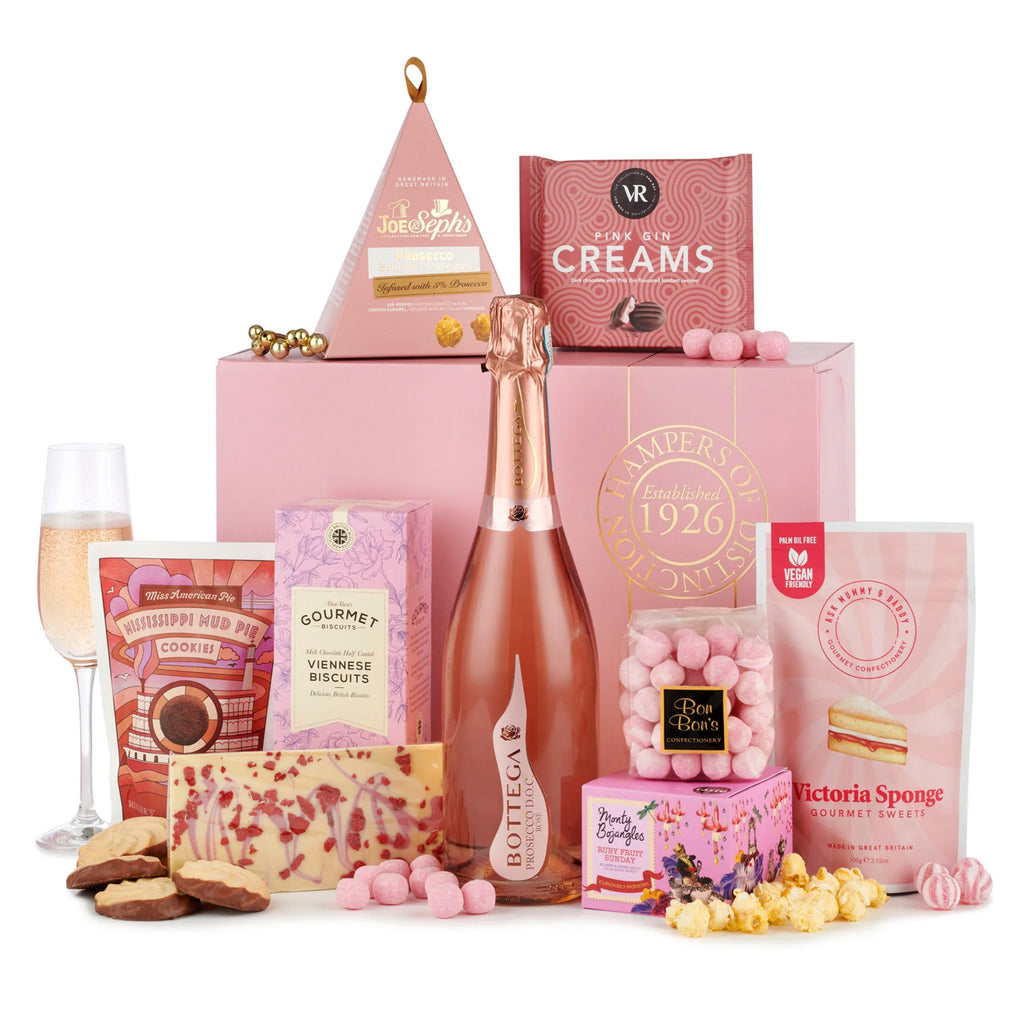 Elegant Pink Bouquet Gift Box Hamper filled with gourmet treats including Bottega Poeti Rosé Prosecco, assorted sweets, and decadent chocolates.