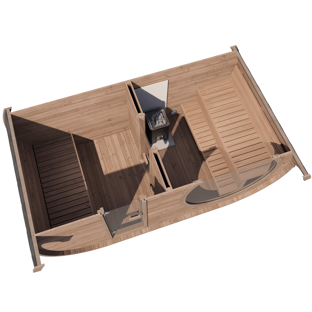 Inside view of KeiCo 'Raiki' Sauna showcasing premium benches and ambient lighting.