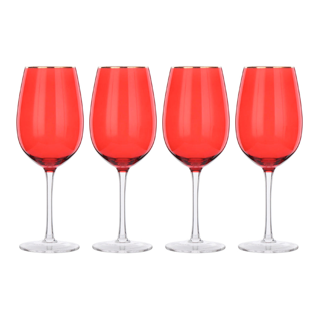 A stunning set of four Sparkleware large red wine glasses, elegantly rimmed with gold, glowing under soft light.