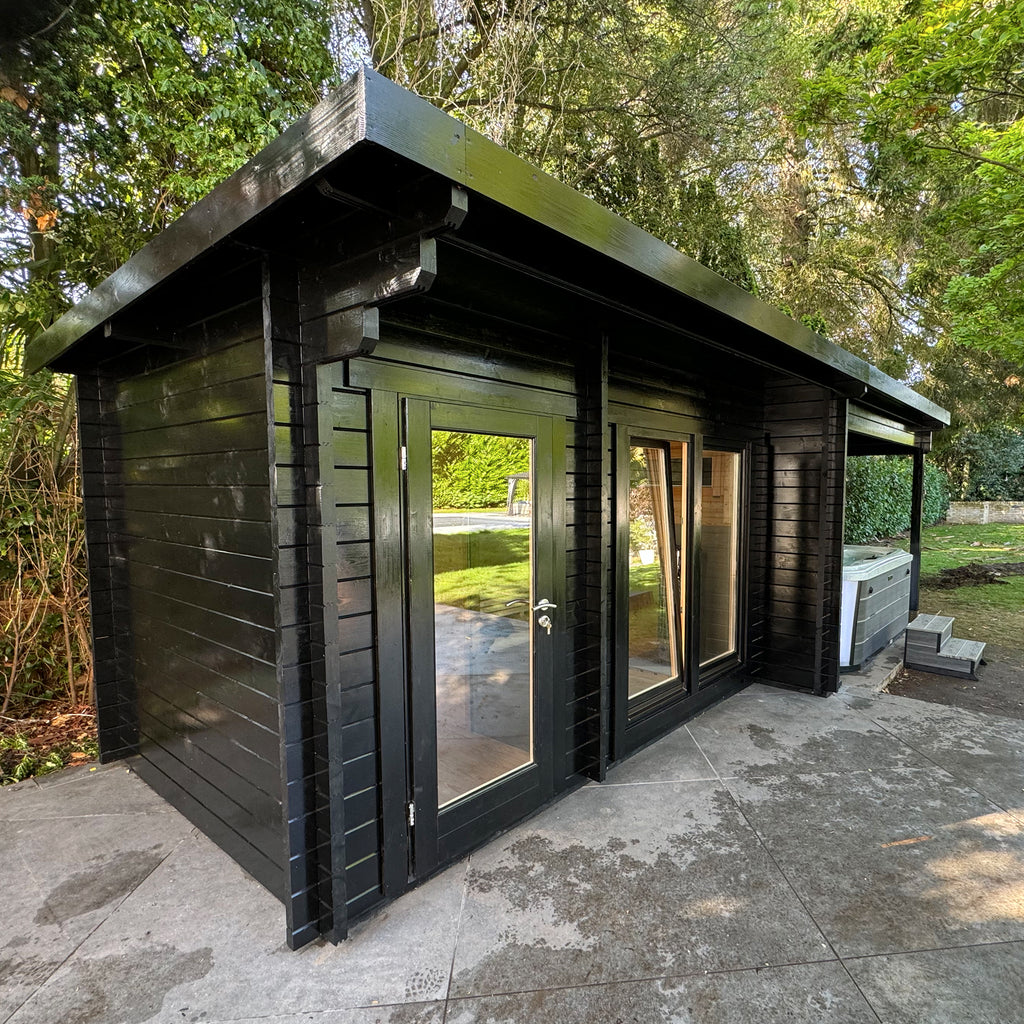 KeiCo Garden Spa Luxe Retreat Installation - Glass-Fronted Outdoor Sauna with Changing Area and Hot Tub Shelter