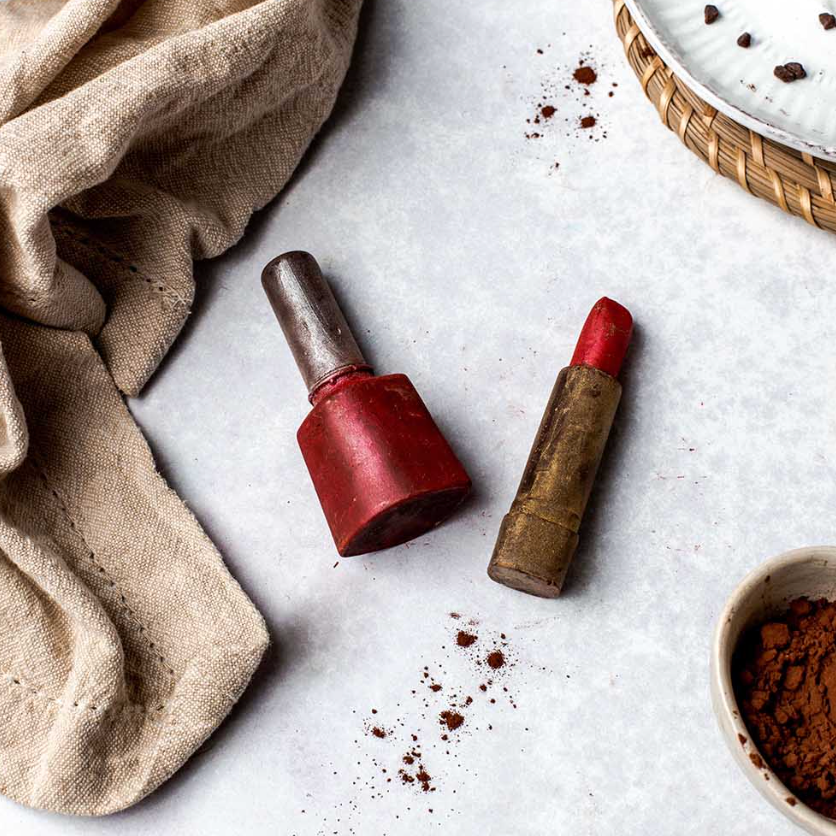 Edible novelty chocolate beauty items presented in luxury gift box