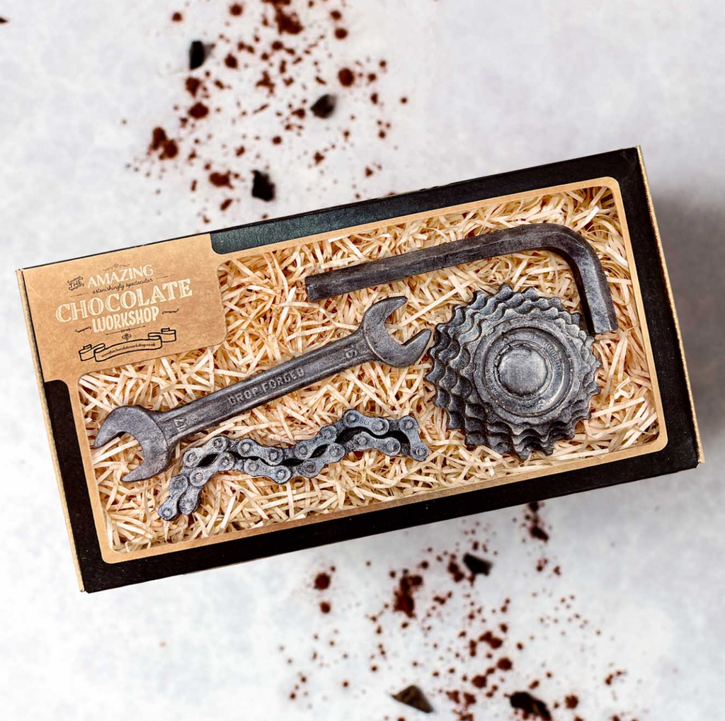 Vegan chocolate cycling tools including chain, gear, spanner and allen key in gift box