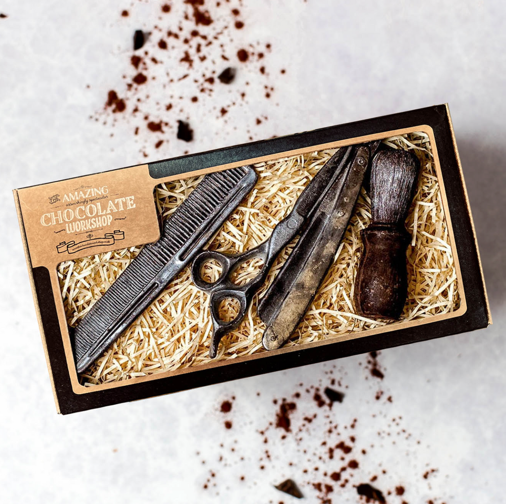Chocolate razor, scissors, comb and shaving brush set for barbers