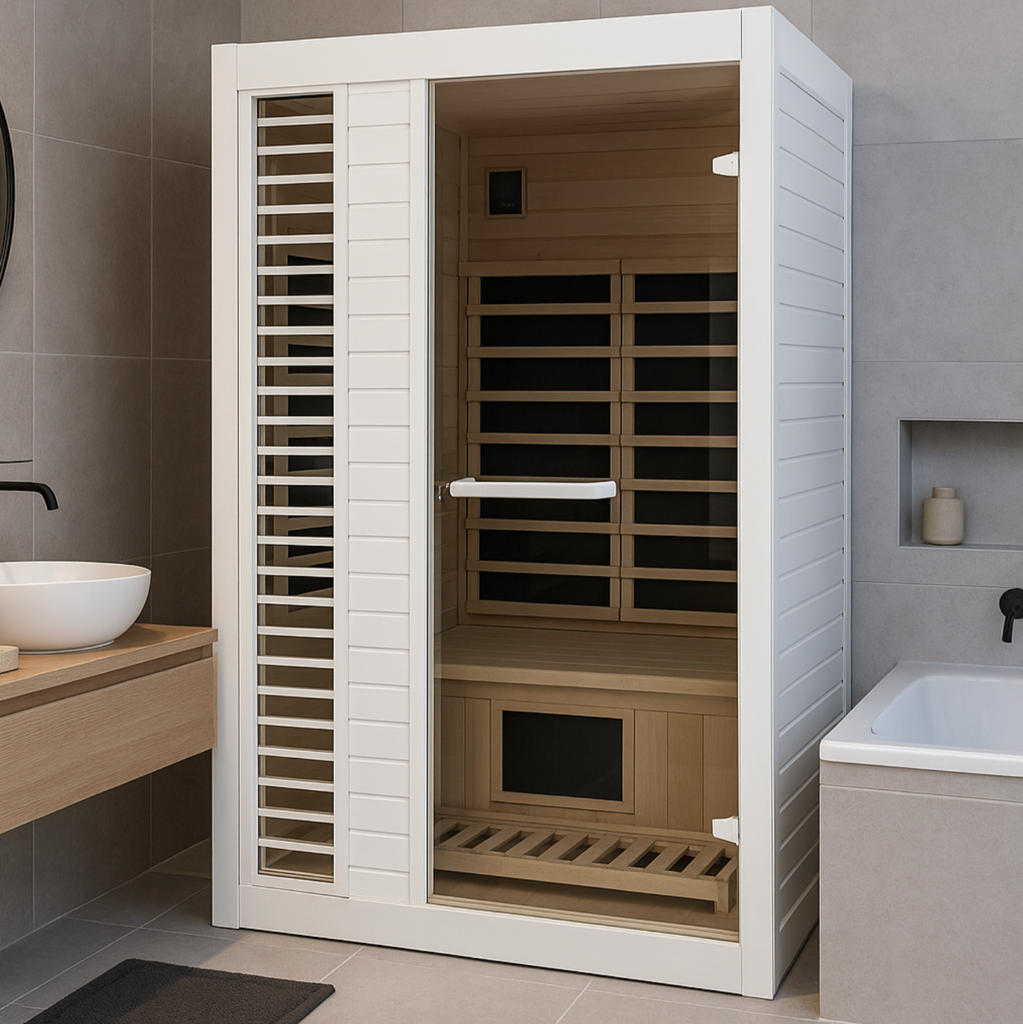 KC Aura Infrared Sauna Cabin – 2-person home wellness spa with LED lighting and natural hemlock wood finish.