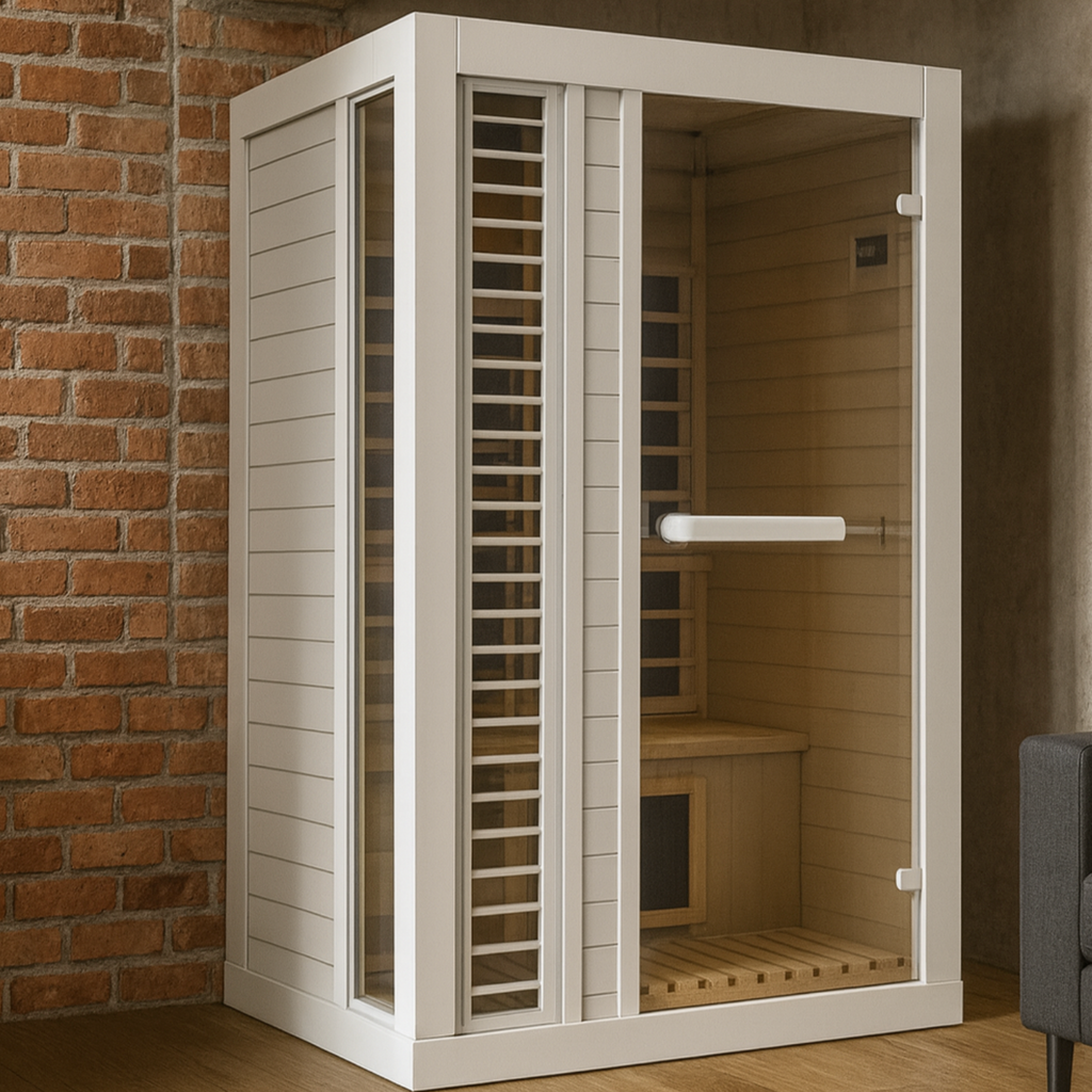 Compact infrared sauna by KeiCo – gentle heat, digital controls, and chromotherapy lighting for daily relaxation.