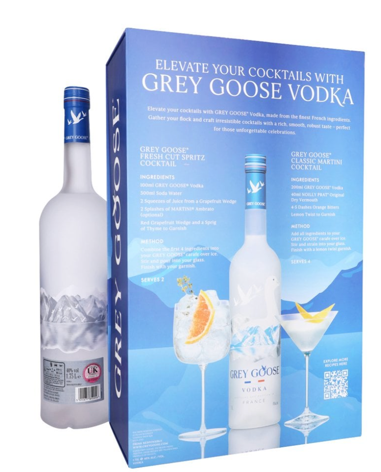 Grey Goose vodka bottle and packaging on a white background