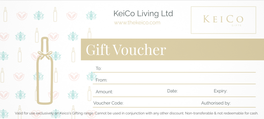 Gift voucher from KeiCo Living Ltd with decorative elements and branding.