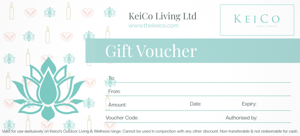 Gift voucher from KeiCo Living Ltd with decorative elements and a teal lotus flower.