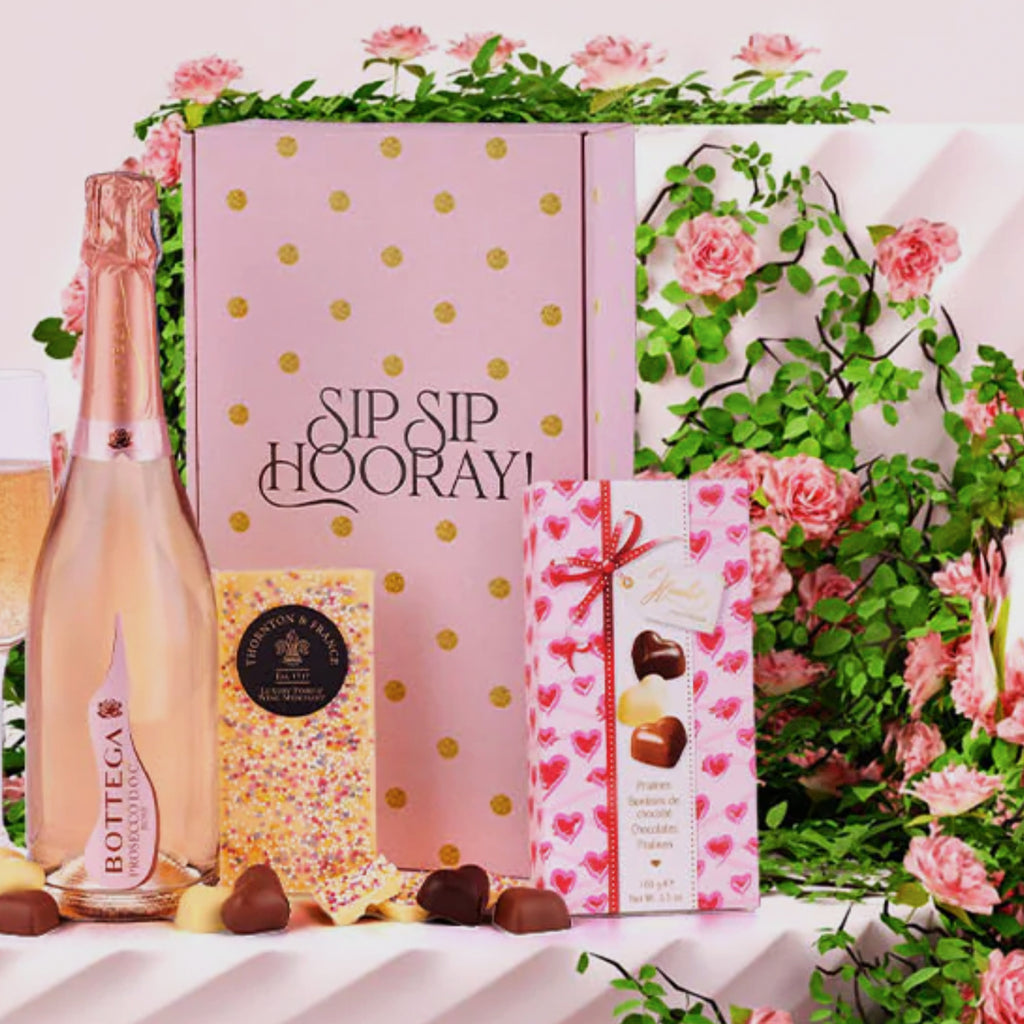 Sip Sip Hooray Prosecco Hamper presentation, perfect for Valentine's Day and Mother's Day celebrations.