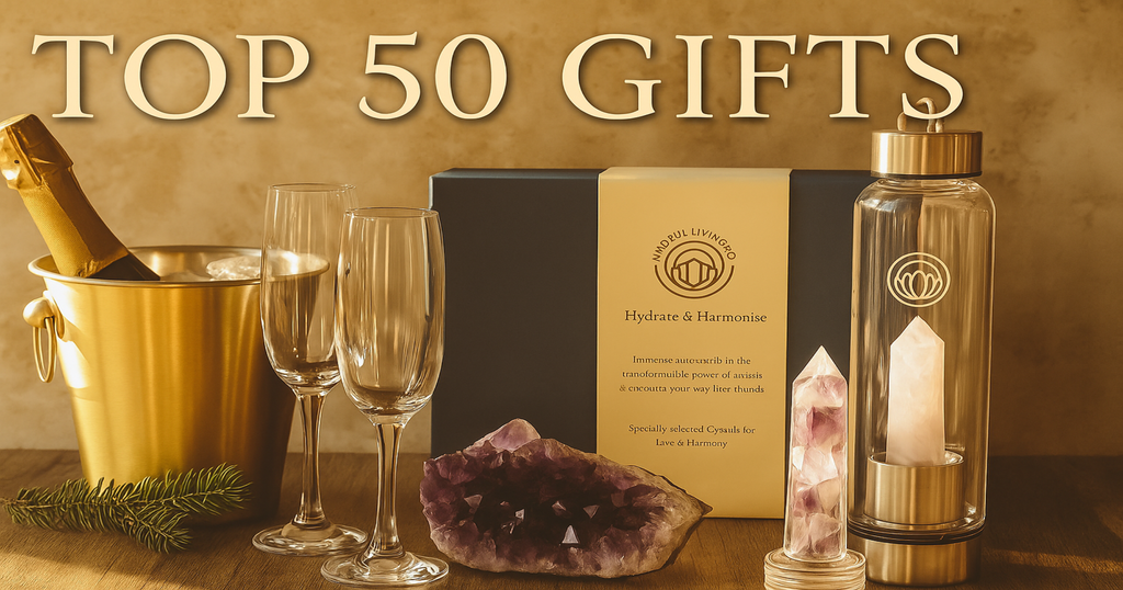 Luxury crystal water bottle gift set with amethyst and rose quartz display, champagne bucket and flutes – KeiCo top 50 wellness gifts UK