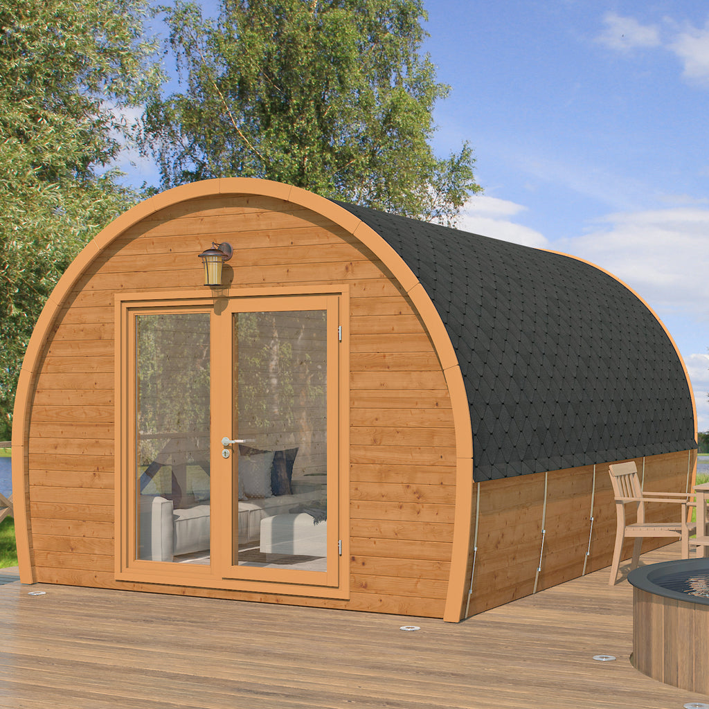 Elegant entry of the KeiCo Western Glamping Pod featuring double-glazed French windows.