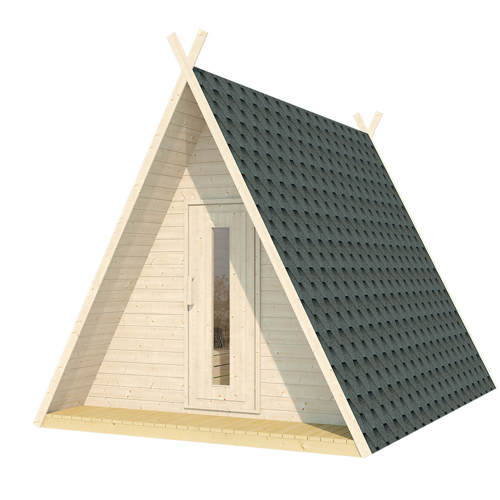 Close-up of the durable roof shingles on the Nordic Spruce Wigwam, reflecting craftsmanship and quality.