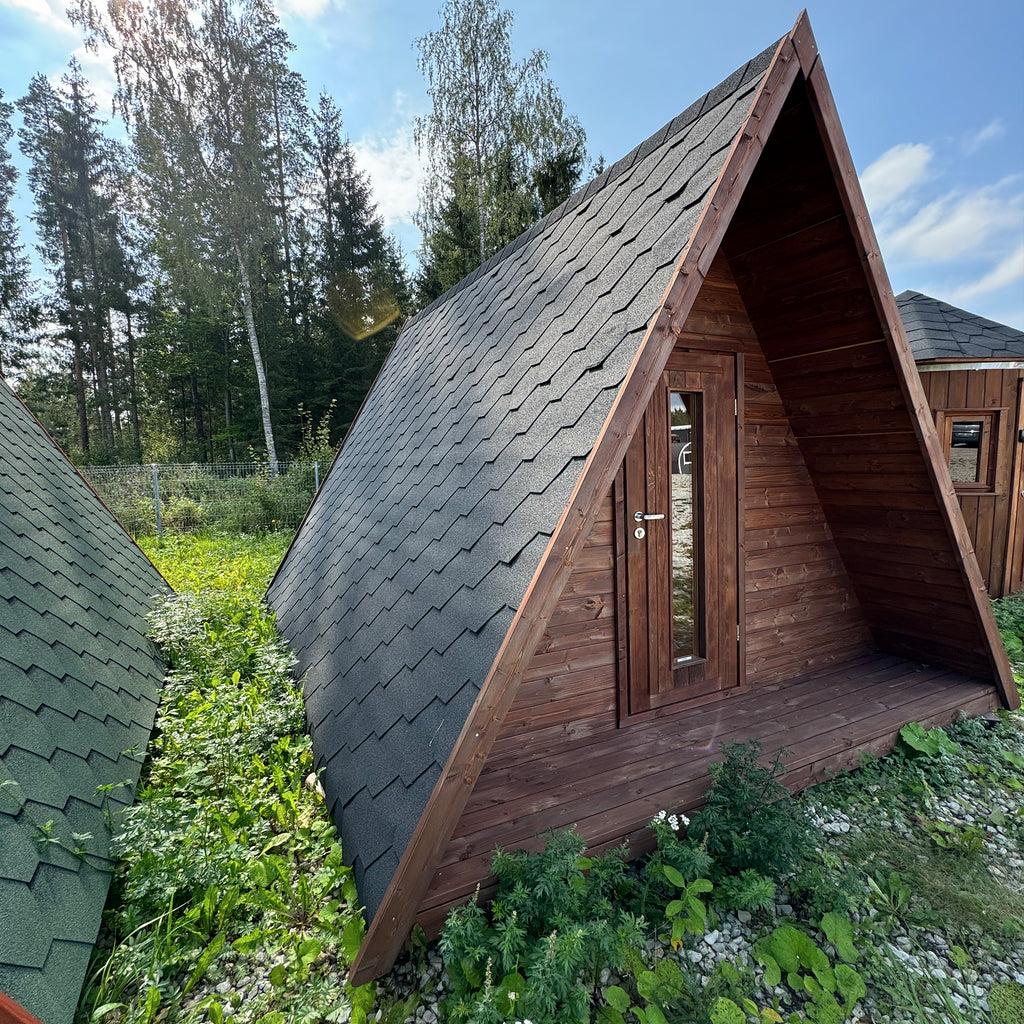 The KeiCo Wigwam Glamping Pod - robust build quality with black asphalt shingles