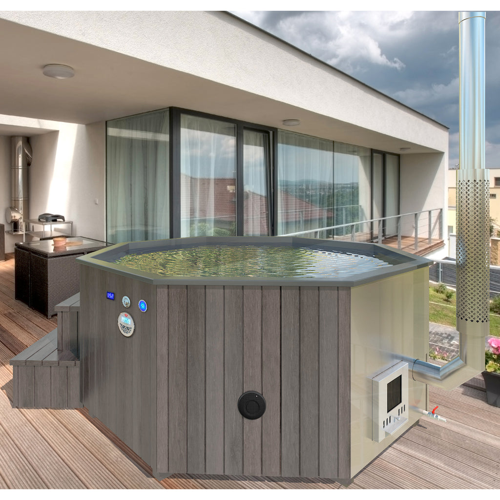 Image showcasing the spacious KeiCo Deluxe XL KING Thermowood Eco Hot Tub, highlighting its hexagonal design and capacity to comfortably fit 8-10 people.