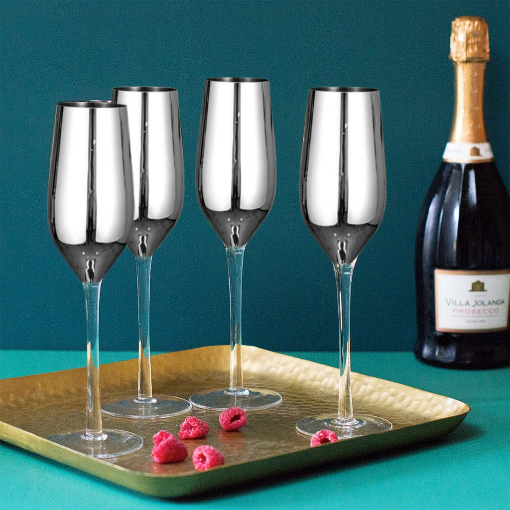 Set of 4 Sparkleware® Metallic Silver Glass Champagne Flutes - The Keico