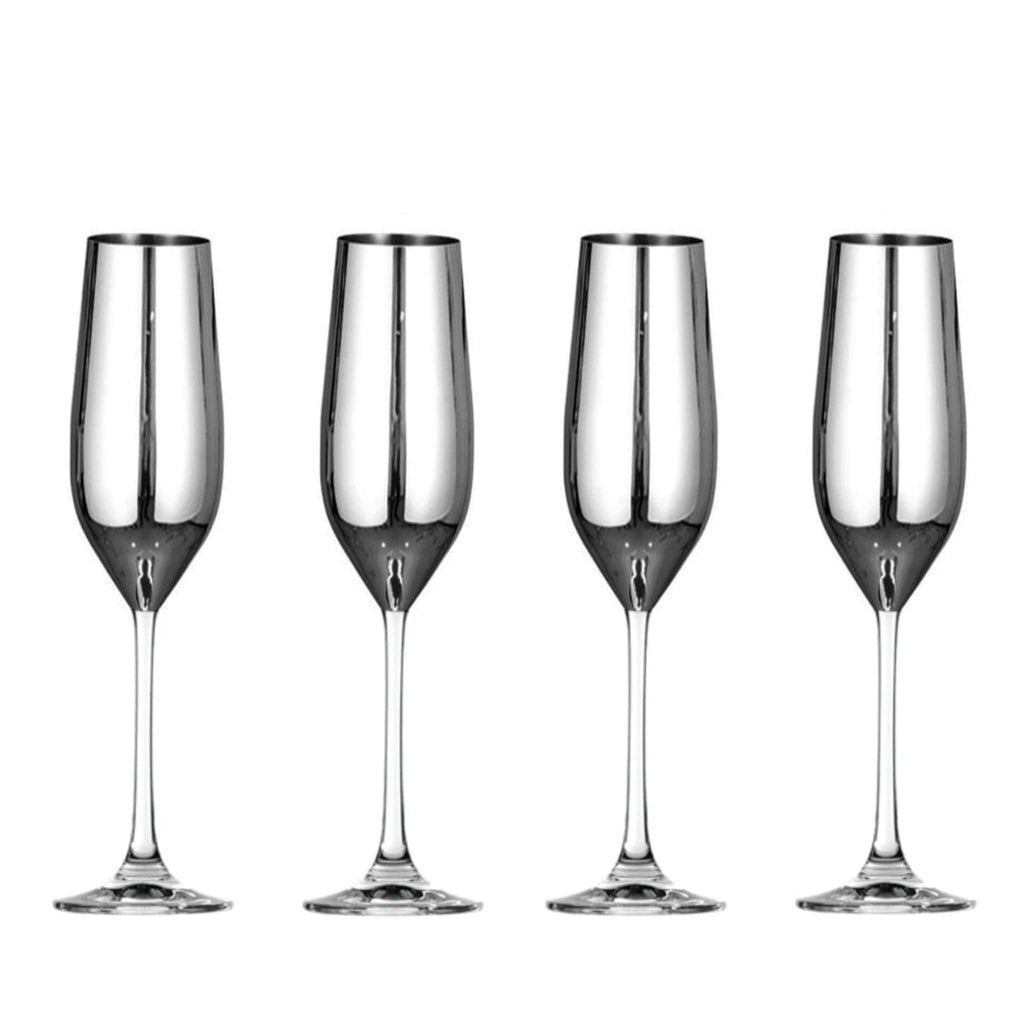 Set of 4 Sparkleware® Metallic Silver Glass Champagne Flutes - The Keico