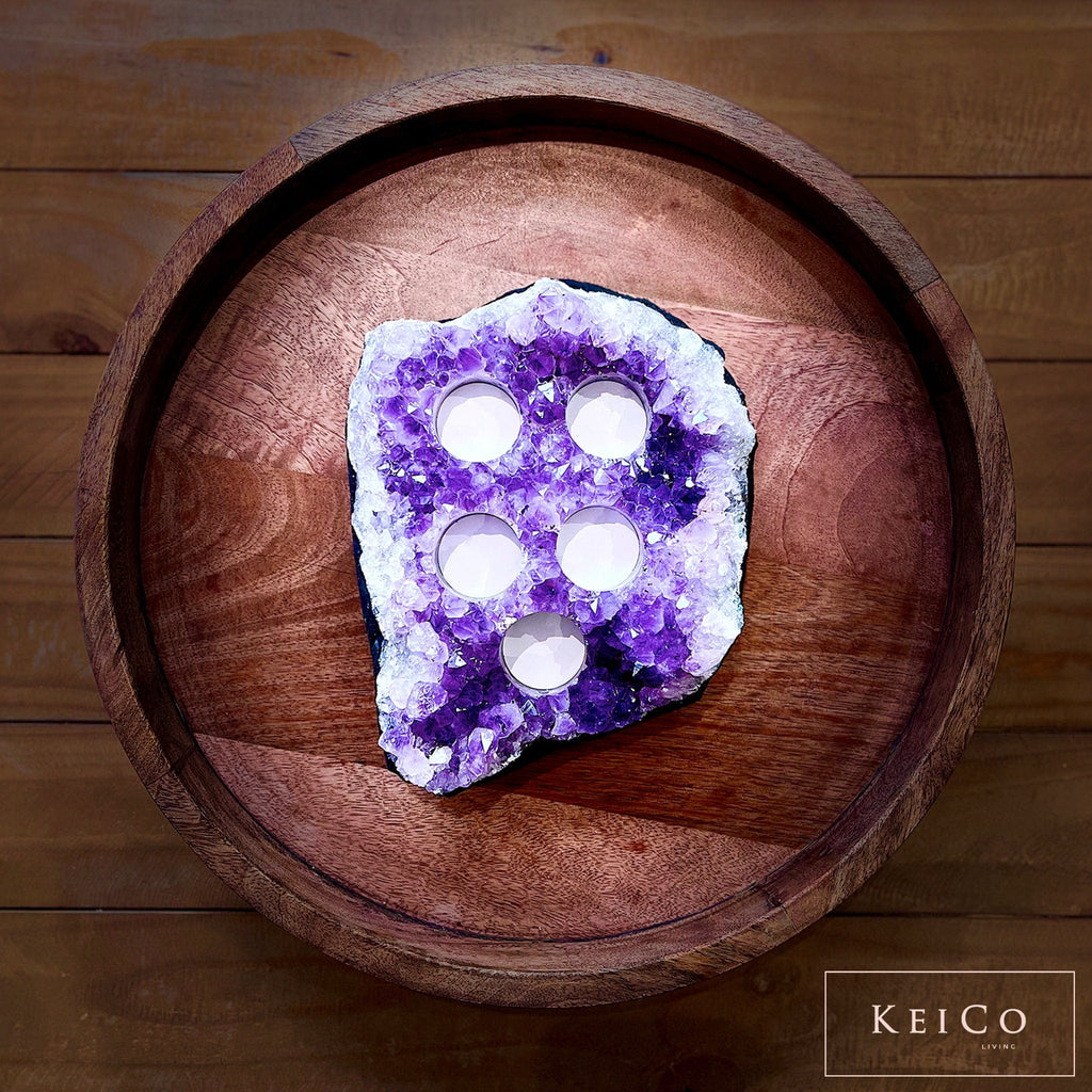 Large Amethyst Crystal Cluster 5x Tea Light Candle Holder - The Keico