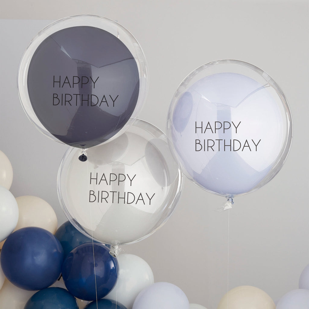 Blue & Grey Double Layered Happy Birthday Balloon Bundle | The KeiCo