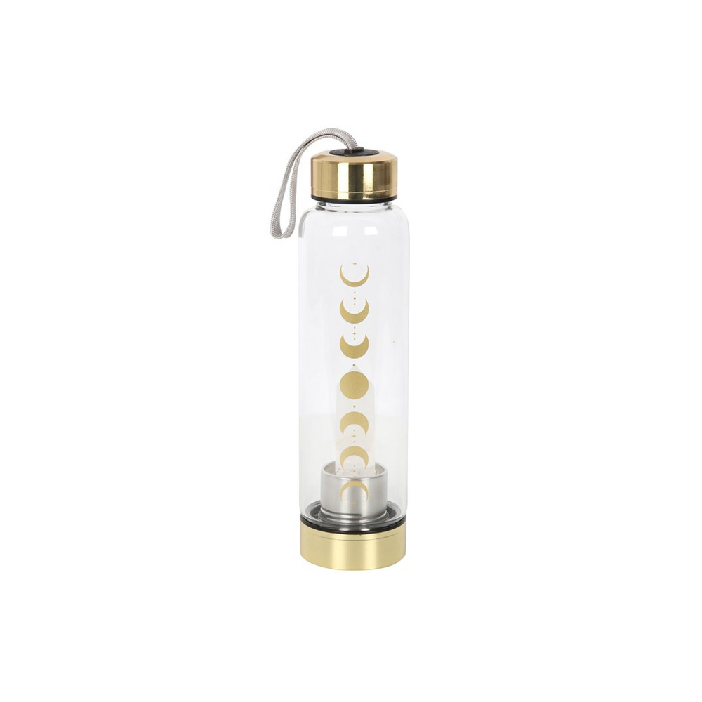 Clear Quartz | Infused Moon Phase Glass Water Bottle | showcasing the moon's cycles and a luminous Clear Quartz point.