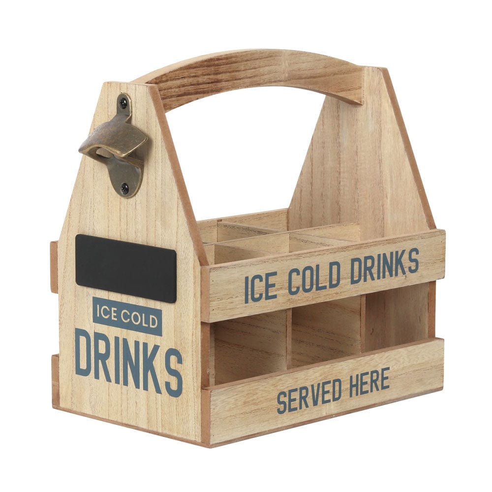 Close-up of the attached bottle opener and chalkboard on the Wooden Beer Caddy