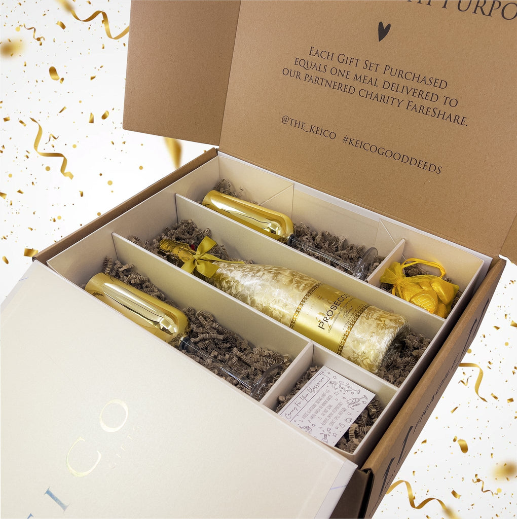 Prosecco Gift Set with 24KT Gold Flutes and Bottle of Fruity Sparkling Wine, Presented in Eco-Friendly Gift Box with Personalised Tag