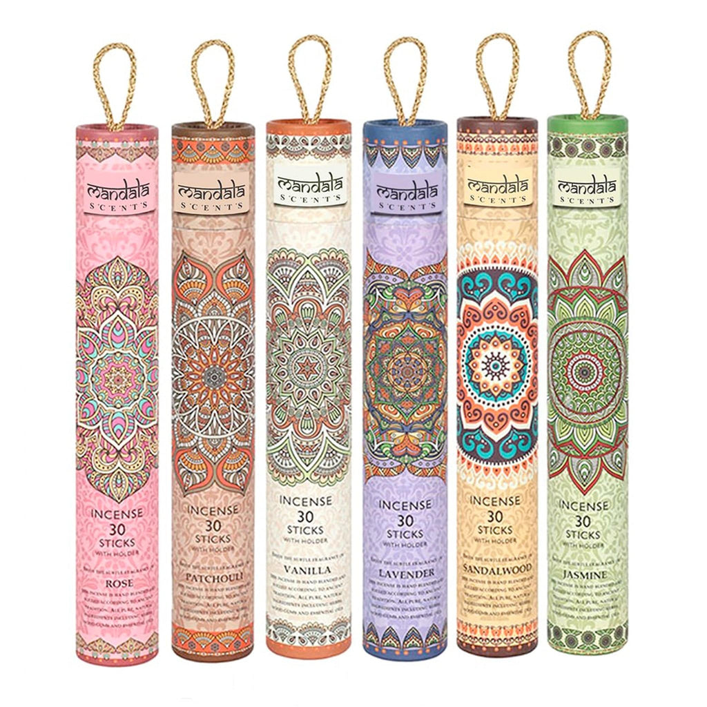 A set of Mandala Collection Incense Tubes with holders, showcasing a variety of fragrances.