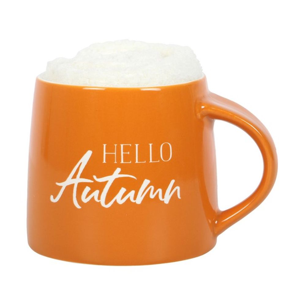 Close-up of the 'Hello Autumn' text on the mug, symbolising the season's warmth and charm.