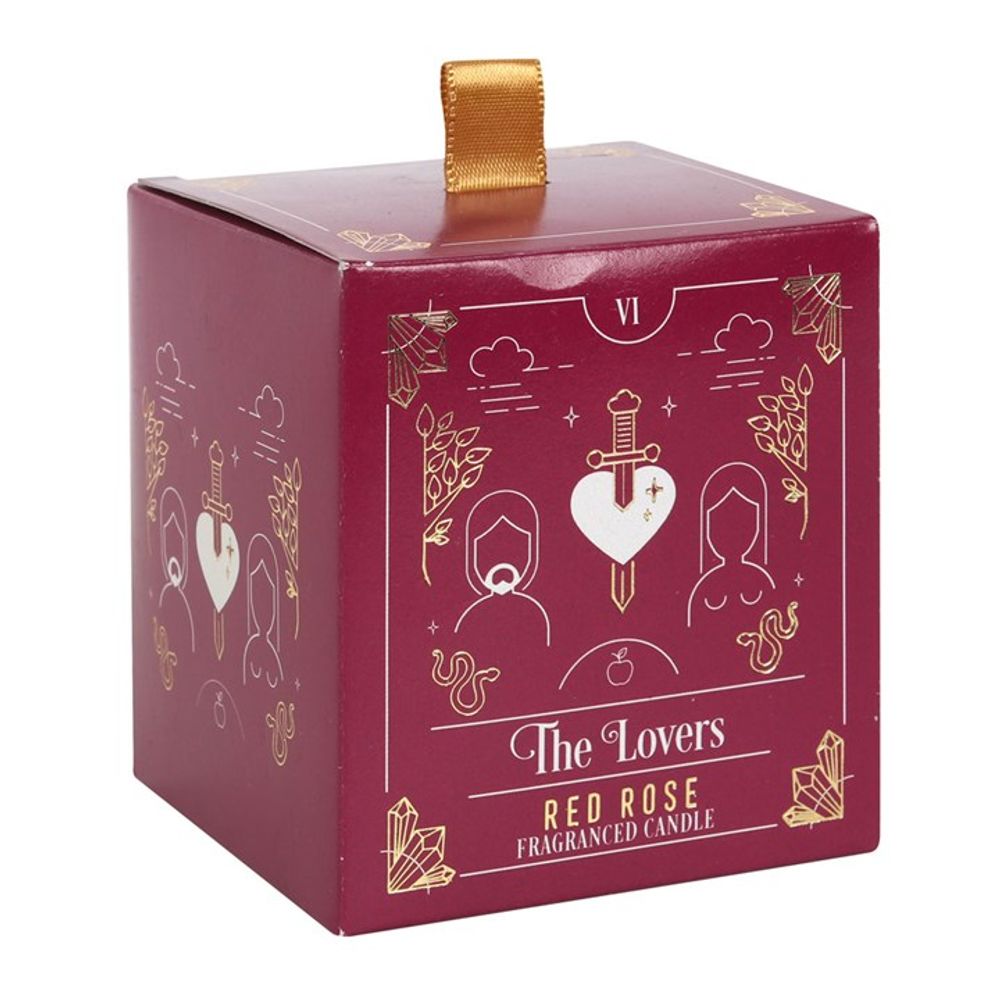 KeiCo's Red Rose Scented Tarot Candle with the intricate Lovers tarot design, exuding mystique and romantic allure.