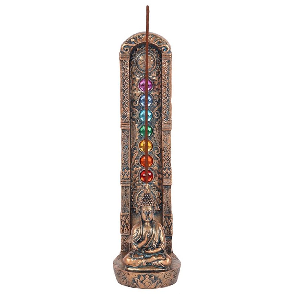 Antique bronze-effect Chakra & Buddha Incense Holder with vibrant Chakra colours.