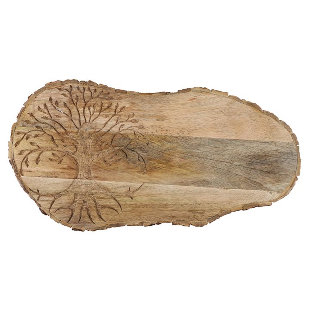 KeiCo's Tree of Life Grazing Board crafted from natural wood, showcasing its live edge bark and intricate engraving.